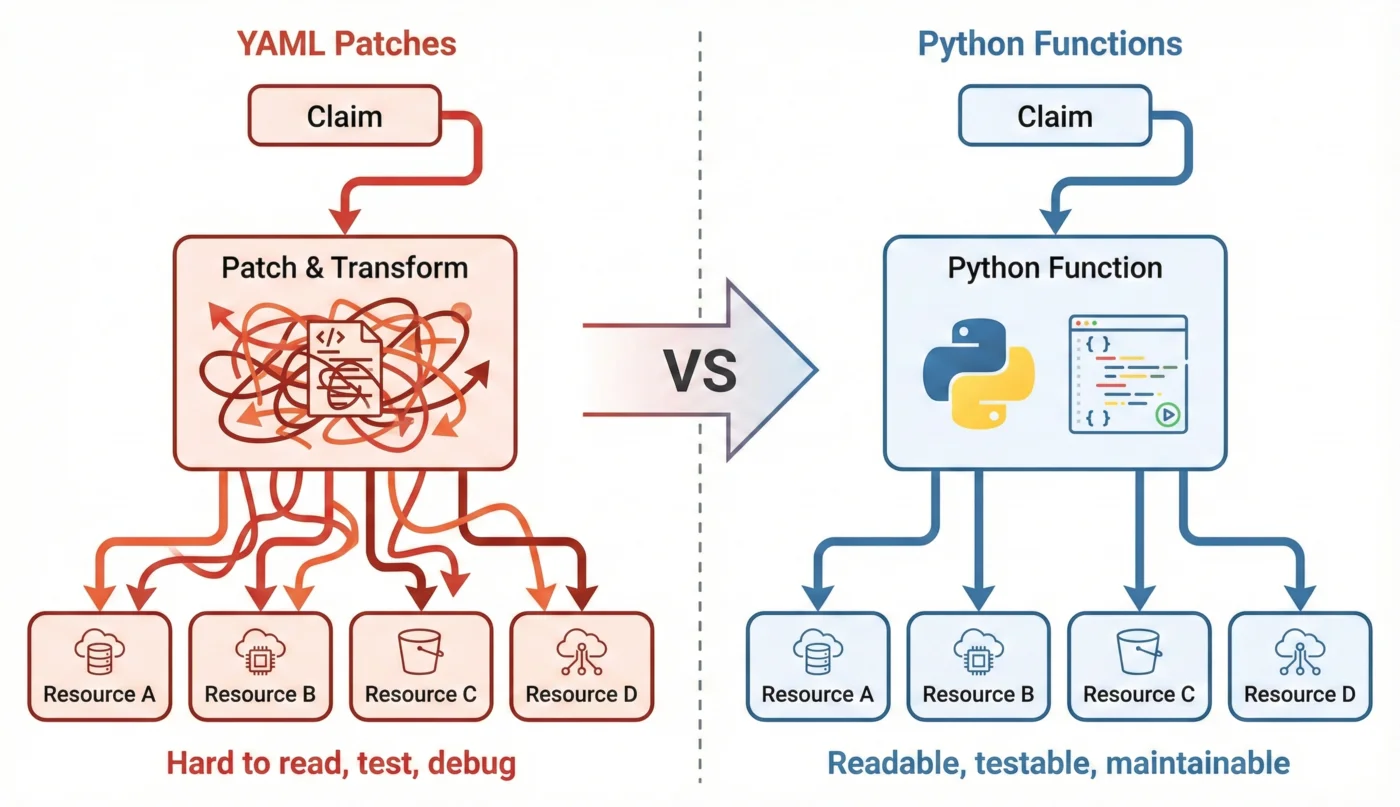 Diagram comparing YAML patch-based Crossplane compositions with Python composition functions generating managed resources