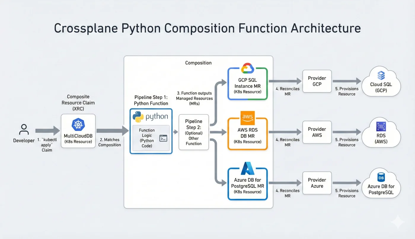 Flow diagram of environment configuration resolution in Crossplane using EnvironmentConfigs and composition functions